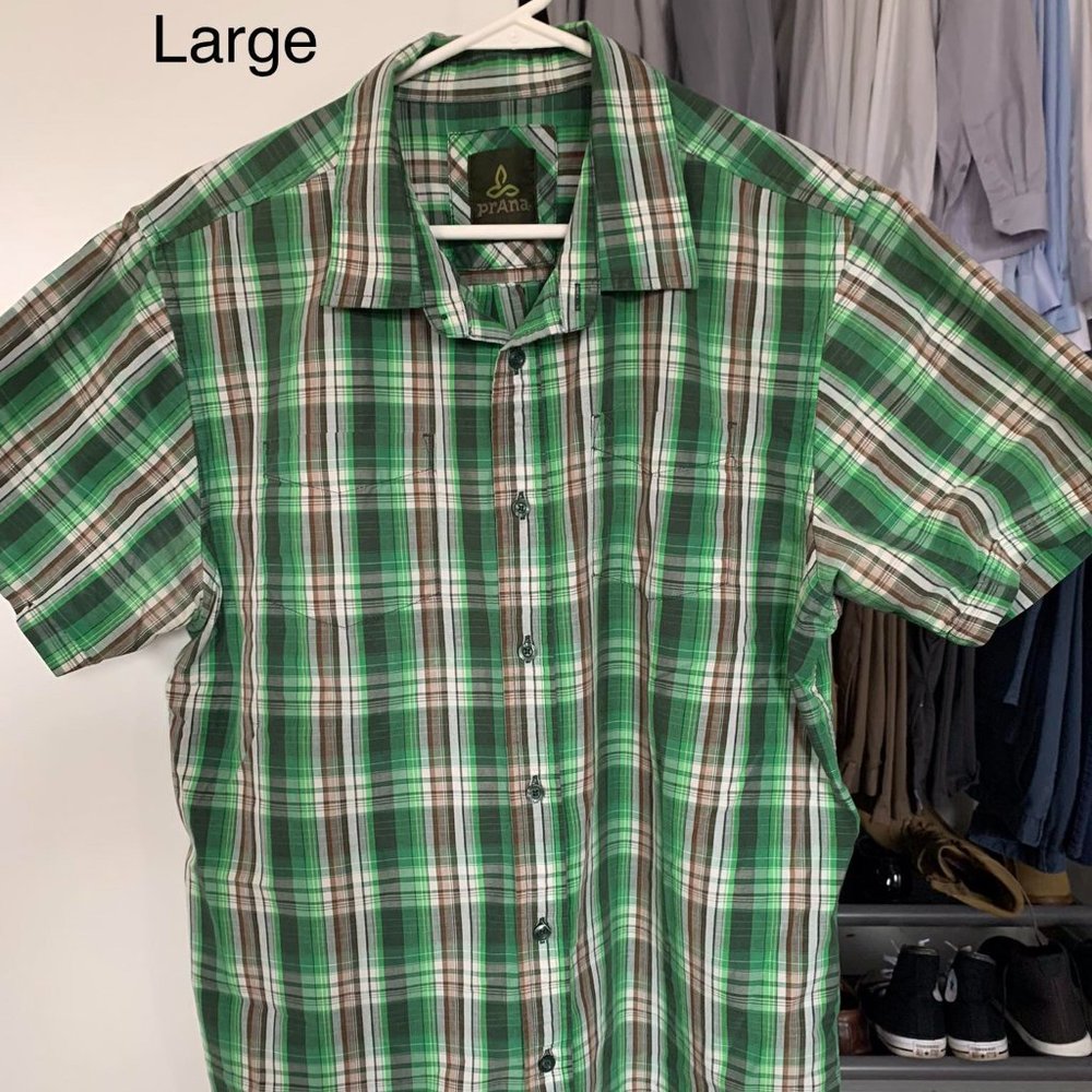 Prana Large Green & Grey Button Down Shirt
